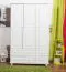Kleiderschrank | 3 Drehtüren | 4 Schubladen | 3 Fächer | mit Kleiderstange | 120 cm breit | Massivholz | Farbe: Weiß Abbildung
