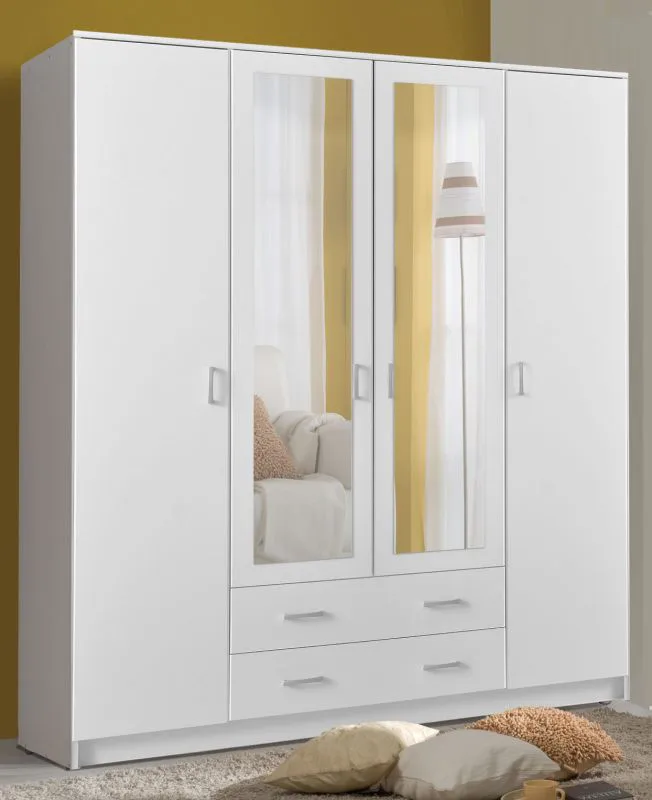 Neutraler Kleiderschrank mit zwei Schubladen Kovin 03, Farbe: Weiß, zwei Spiegeltüren, eine Kleiderstange, Maße: 205 x 160 x 52 cm, für Schlafzimmer