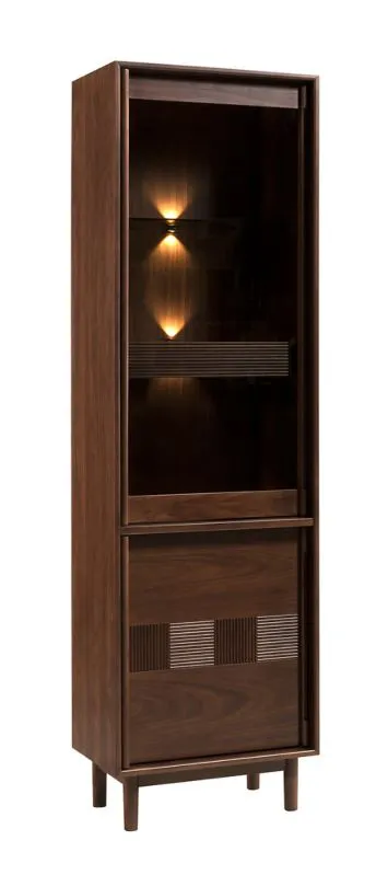 Vitrine Inginele 06 in Walnuss, Türanschlag rechts, inkl. LED-Beleuchtung, 2 Türen, 3 Einlegeböden, 5 Fächer, 1 Schublade, 204 x 58 x 43 cm, gehärtetes Glas Antisol braun