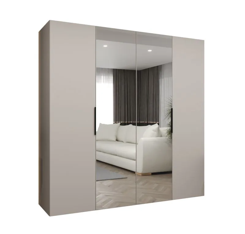 Kleiderschrank / Drehtürenschrank Korab 86, Farbe: Kaschmir, 2 Meter breit, zwei Kleiderstangen, Soft-Close, zwei Spiegeltüren, Griffe: Schwarz, zwei Fächer