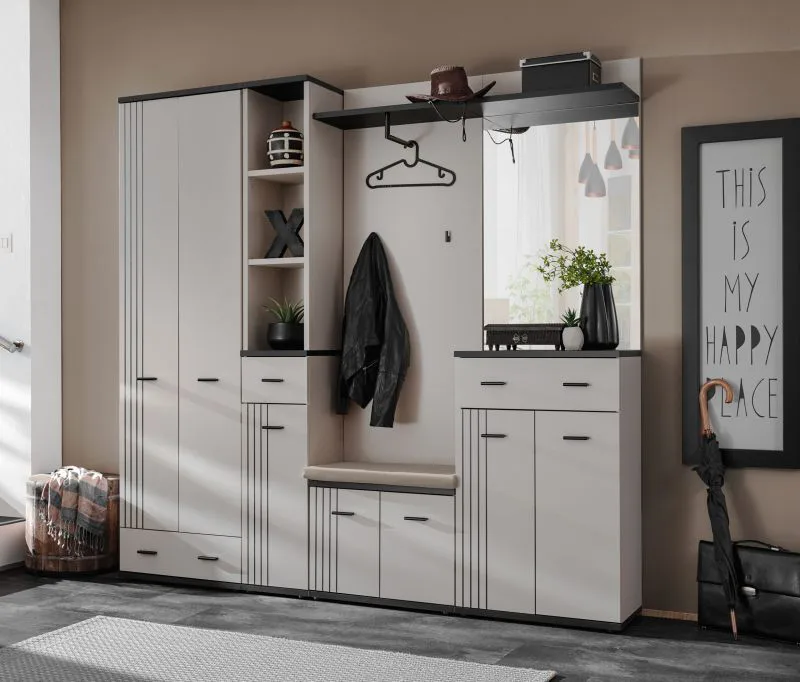 Garderobe | inkl. Sitzkissen | viel Stauraum | Farbe: Kaschmir / Schwarz | Spiegel | 2 Haken | Maße: 210 x 32 x 203 cm | 3 Schubladen | für den Vorraum