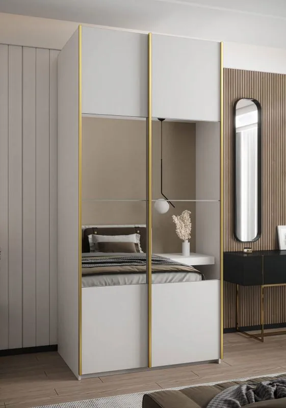 Kleiderschrank / Schiebetürenschrank | 245,5 x 120 x 64 cm | Soft-Close | Farbe: Weiß | Spiegel | 2 Schiebetüren | 2 Kleiderstangen | 6 Fächer