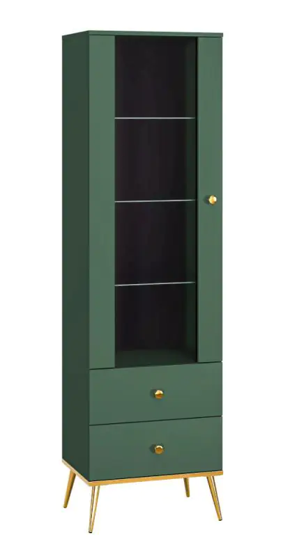Vitrine Inari 01, Farbe: Waldgrün - Abmessungen: 190 x 55 x 40 cm (H x B x T), mit 1 Tür, 2 Schubladen und 4 Fächern