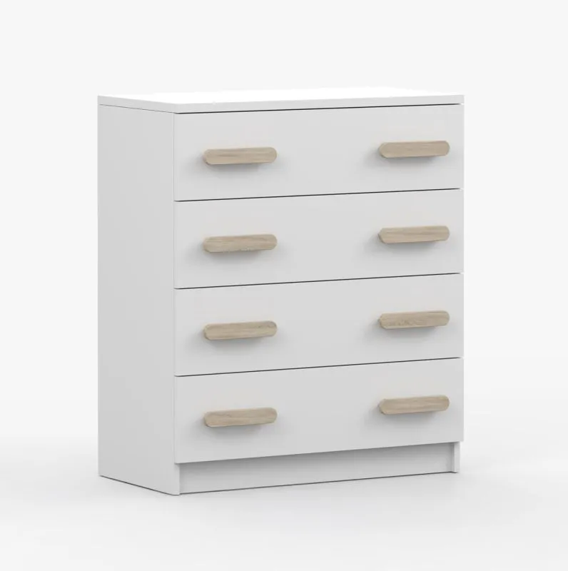 Kommode 80 cm breit| Smolikas 23 | Weiß | 4 geräumige Schubladen | braune Holzgriffe | 90 x 80 x 40 cm | Kinder | Jugend