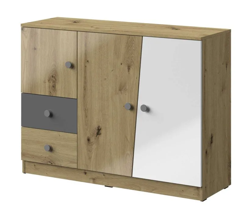 Kommode Sirte 07, Farbe: Eiche / Weiß / Grau Hochglanz - Abmessungen: 90 x 120 x 40 cm (H x B x T)