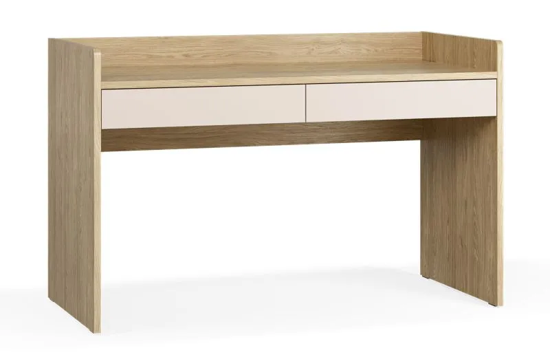 Schreibtisch | 2 geräumige Schubladen | Farbe: Eiche / Beige | schlichtes Design | Soft-Close-Funktion | Maße: 137 x 60 x 86,5 cm | ABS-Kantenschutz