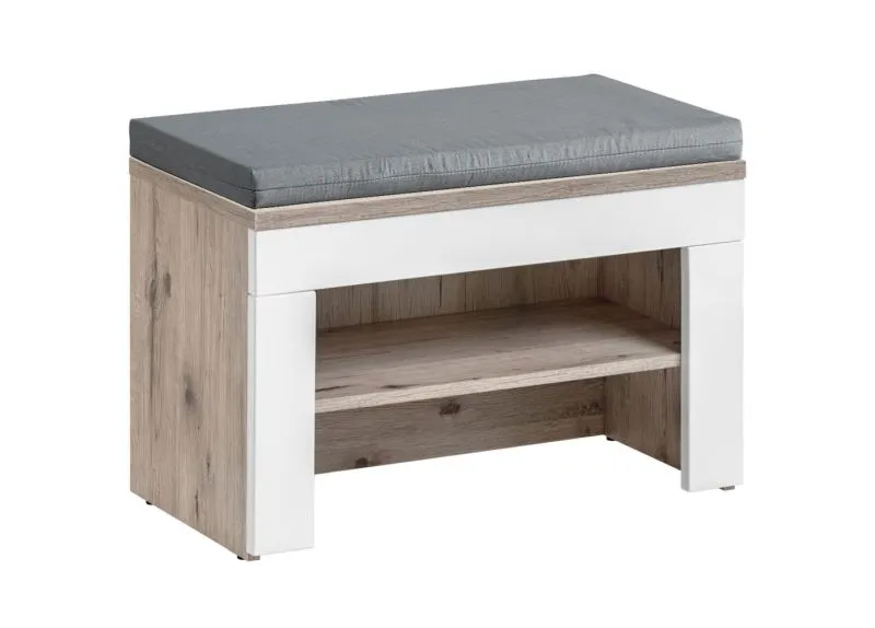 Schuhregal mit Sitzbank Sviland 16, Farbe: Eiche Wellington / Weiß / Grau - Abmessungen: 56 x 60 x 32 cm (H x B x T), mit Sitzkissen