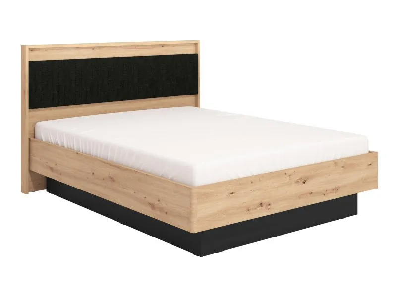 Doppelbett mit gepolsterten Kopfteil Indika 12, Farbe: Eiche Artisan / Schwarz, ABS-Kantenschutz, Polsterung: Dunkelgrau, Liegefläche: 160 x 200 cm