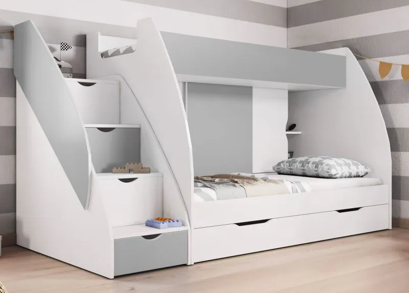 Etagenbett / Stockbett | Weiß / Grau | Liegefläche: 80 x 200 cm | 4 Schubladen | inkl. Lattenrost | Kinder | Jugend