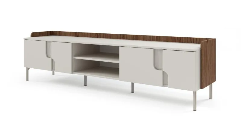 TV-Unterschrank | Farbe: Kaschmir / Alba-Walnuss | 4 Drehtüren | 4 Fächer | 200 x 42 x 51 cm | Push-to-open Funktion | langes TV-Möbel | Metallbeine