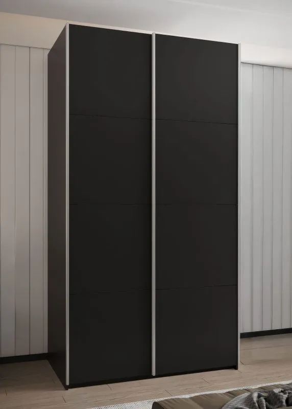 Kleiderschrank / Schiebetürenschrank | 245,5 x 140 x 64 cm | 2 Kleiderstangen | 2 Schiebetüren | Soft-Close | 6 Einlegeböden | 6 Fächer | Farbe: Schwarz