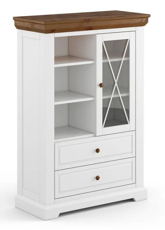 Vitrine Gimone 03 in Weiß / Tabacco, mit 1 Glastür, 2 Schubladen, 140 x 95 x 41 cm, Soft Close, aus finnischer Kiefer, 3 Einlegeböden, 6 Fächer