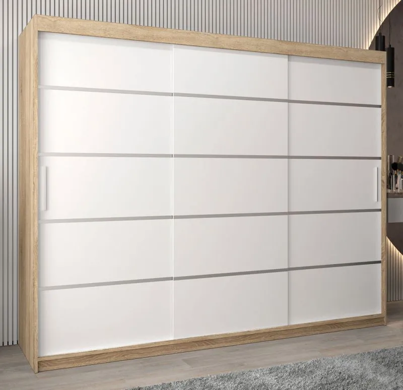 Großer 250 cm breiter Kleiderschrank mit 10 Fächern und 3 Türen | Farbe: Sonoma Eiche / Weiß Abbildung