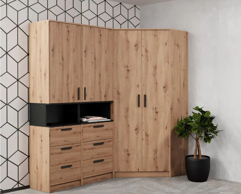 Eckkleiderschrank - Set B Fafe | 3-teilig | Farbe: Eiche Artisan / Schwarz | viel Stauraum | Soft-Close-Funktion | Kleiderschrank | 6 Schubladen