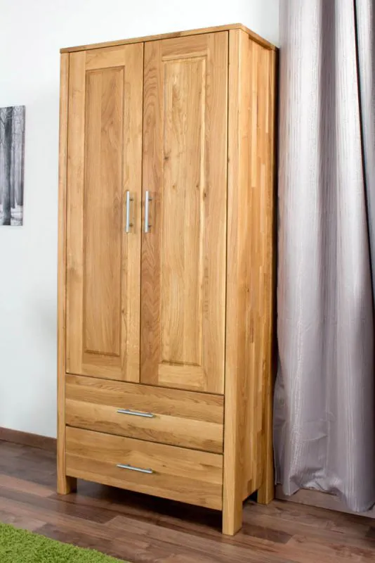 90 cm breiter Kleiderschrank mit 2 Türen, 4 Fächern und 2 Schubladen aus Massiv-Holz | Farbe: Natur | Tiefe: 40 cm Abbildung