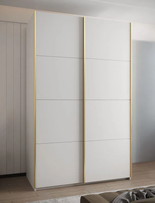 Kleiderschrank / Schiebetürenschrank| Soft-Close | 245,5 x 150 x 64 cm | 6 Fächer | 6 Einlegeböden | 2 Kleiderstangen | 2 Schiebetüren | Farbe: Weiß