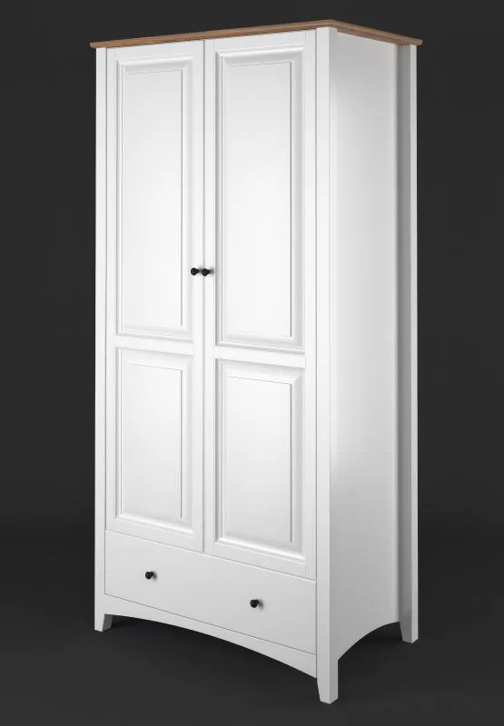 Rustikaler Kleiderschrank 80 cm Breit Lagopus 121, Kiefer Massivholz weiß / braun, 1 Schublade, 1 Kleiderstange, 200 x 80 x 60 cm, 2 Drehtüren