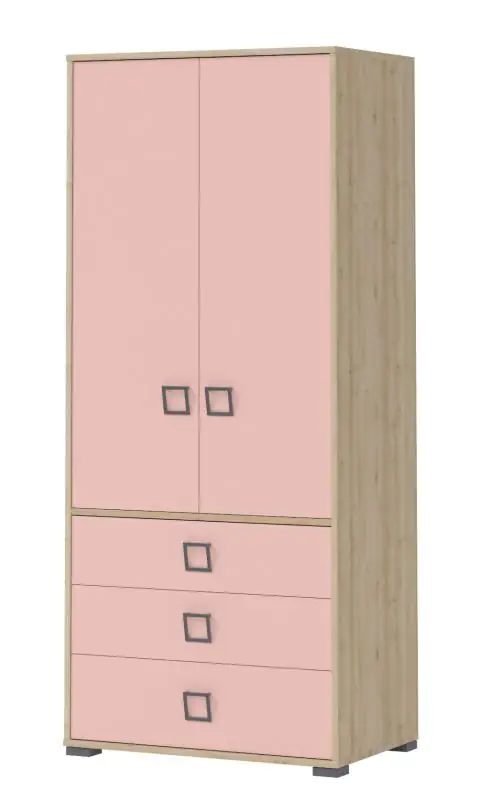 Kinderzimmer - Drehtürenschrank / Kleiderschrank Benjamin 13, Farbe: Buche / Rosa - 198 x 84 x 56 cm (H x B x T)