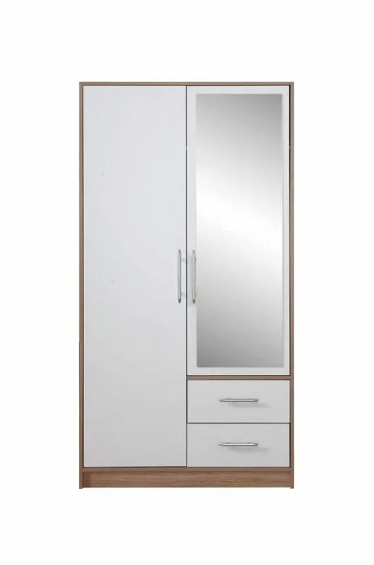 100 cm breiter Kleiderschrank mit 2 Türen, 2 Fächern und 2 Schubladen | Farbe: Weiß | Tiefe: 56 cm Abbildung