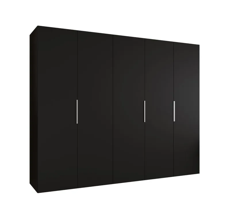 Kleiderschrank / Drehtürenschrank Korab 40, Farbe: Schwarz, drei Kleiderstangen, 2,5 Meter breit, Griffe: Kaschmir, drei Fächer, Soft-Close-Funktion