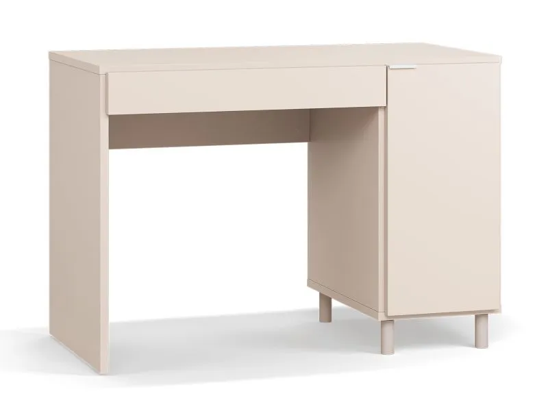Schreibtisch | eine Schublade | Farbe: Beige | zwei Fächer | Soft-Close Funktion | Griffe: Weiß | Maße: 110 x 57 x 78 cm | 1 Tür | für Büro