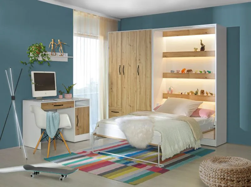 Schlafzimmer Komplett - Set C Nalut | 5-teilig, in Eiche Weiß | Schwarze Metallgriffe | Schrankbett 120 x 200 cm mit LED-Beleuchtung | Schreibtisch | Kleiderschrank | Wandregal