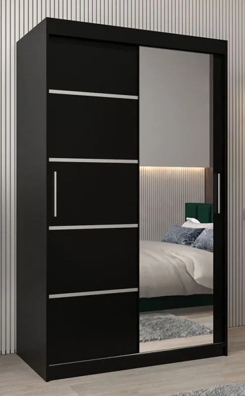 120 cm breiter Schiebetürenschrank mit 2 Türen | 5 Fächer | 2 Kleiderstangen | Farbe: Schwarz Abbildung