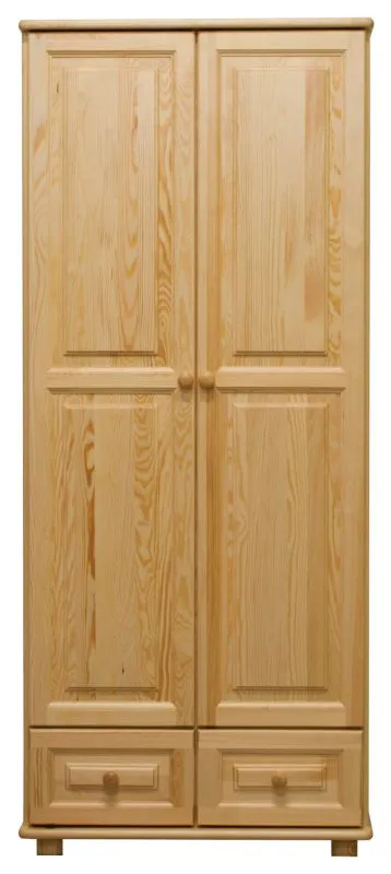 Kleiderschrank | 2 Drehtüren | 2 Schubladen | 4 Fächer | mit Kleiderstange | 90 cm breit | Massivholz | Farbe: Natur Abbildung
