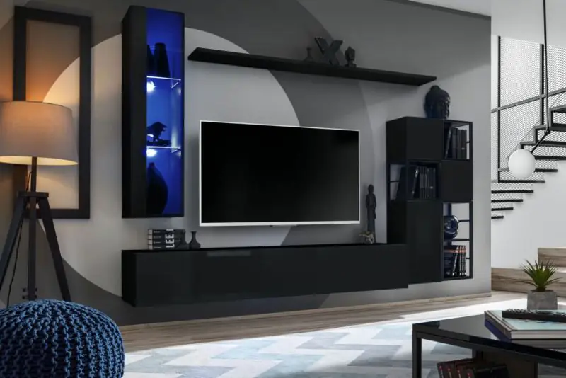 Wohnzimmerwand im modernen Design Valand 06, Farbe: Schwarz - Abmessungen: 170 x 250 x 40 cm (H x B x T), mit blauer LED-Beleuchtung