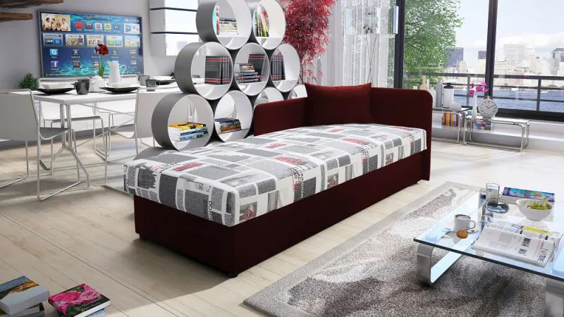 Neutrales Tagesbett / Gästebett mit Seitenwand Lobatos 56, Farbe: Rot, Liegefläche: 80 x 195 cm, Kopfteil rechts, inkl. Stauraum, für Gästezimmer