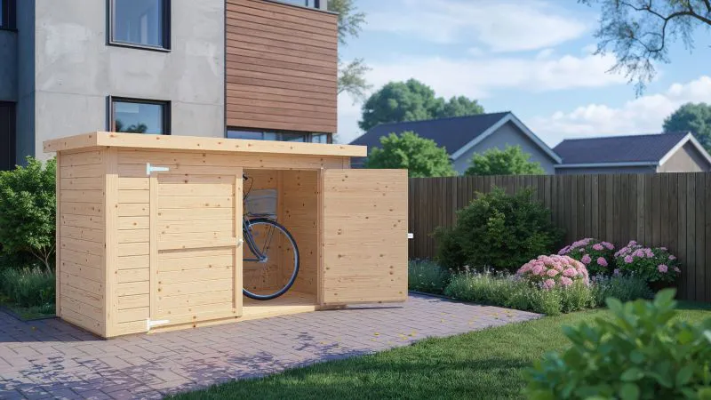 Gerätehaus Kesten 01 inkl. Fußboden, Fahrradgarage, Naturbelassen - Elementgartenhaus, Grundfläche: 2,11 m², Flachdach, Doppeltür aus Massivholz