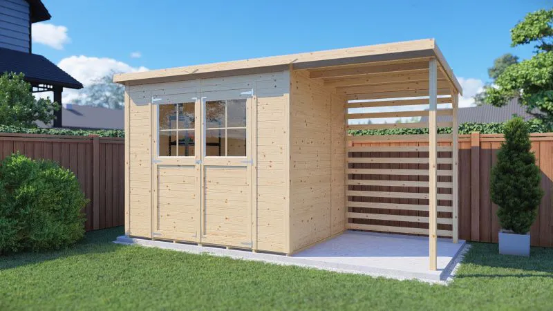 Steiner Gartenhaus Glücksburg 04 | inkl. Schleppdach | inkl. Fußboden | Naturbelassen | Nutzfläche: 6,87 m² | Pultdach | Doppelflügeltür inkl. Fenster