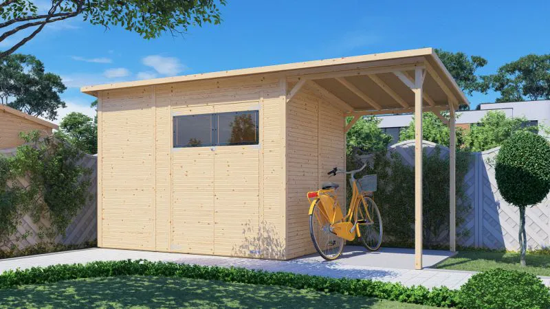 Gerätehaus Menden 04 mit Anbaudach, Naturbelassen - 18 mm Elementgartenhaus, Grundfläche: 9,49 m², Pultdach, Doppeltür aus Massivholz