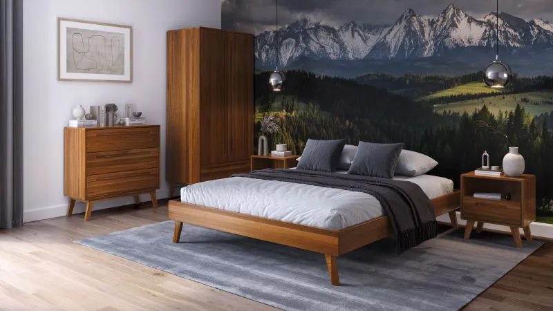 Schlafzimmer - Set I Engordany | 5-teilig | Farbe: Eiche Rustikal | Buche Vollholz massiv | lackiert | 2 Nachtkommode | 1 Doppelbett | 1 Kommode | 1 Kleiderschrank | hochwertige Verarbeitung