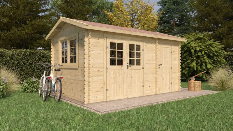 Gartenhaus Wiesenblüte 01, Grundfläche: 10,99 m², 28 mm Blockbohlenhaus, Naturbelassen, mit 1 Doppeltür, 1 Einzeltür und 1 Doppelfenster, Satteldach