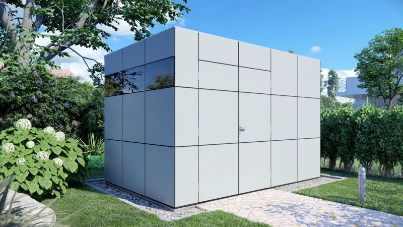 Flachdach-Gartenhaus 2,28 x 3,45 Meter (inkl. Dach) | Anthrazit vorbehandelt | aus vorgefertigten Elementen zur einfachen Montage Abbildung