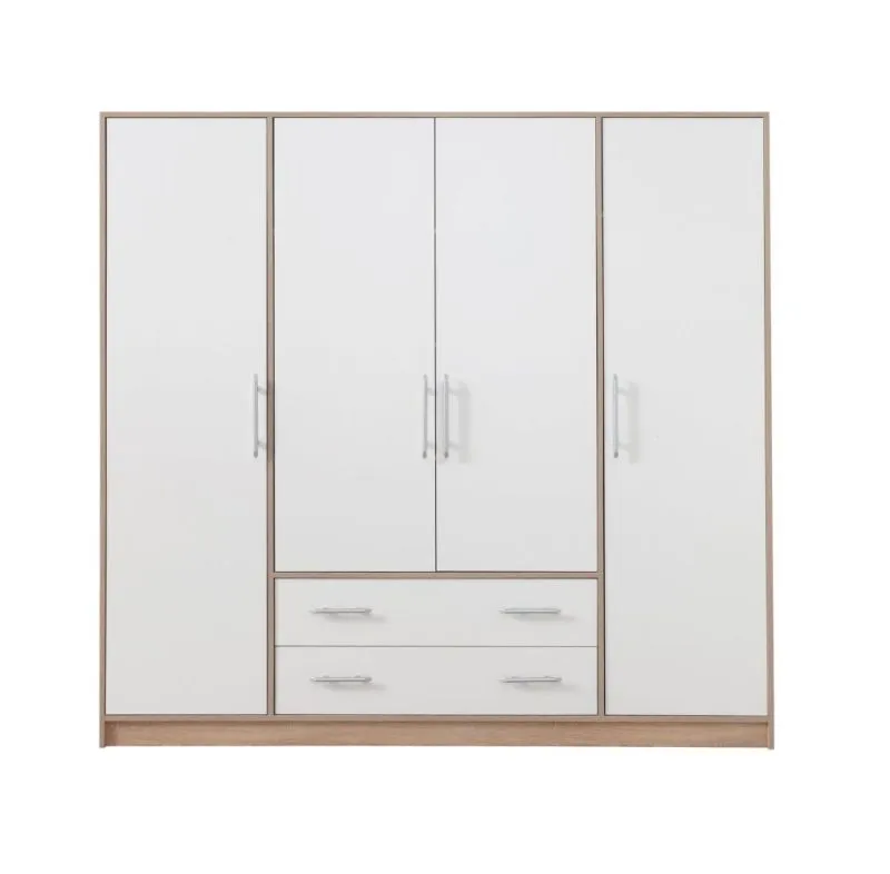 200 cm breiter Kleiderschrank mit 4 Türen, 8 Fächern und 2 Schubladen | Farbe: Weiß | Tiefe: 56 cm Abbildung