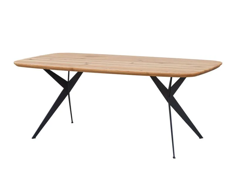 Esstisch aus massiven Eichenholz Guiers 04, geölte Oberfläche, schwarze Metallbeine, Tischplatte 4 cm dick, ovale Form, Maße: 78 x 140 x 90 cm, vier Standbeine