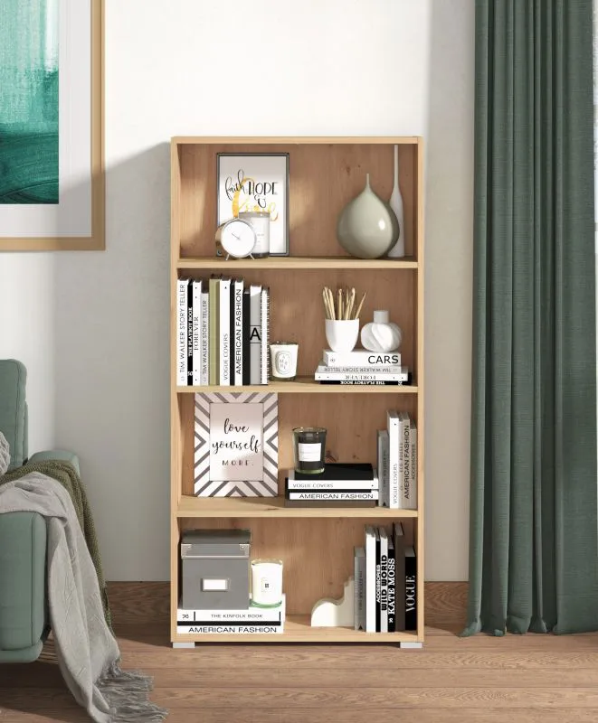 Bücherregal / Regal Knide 07, Farbe: Eiche Artisan, vier Fächer, ABS-Kantenschutz, für Wohnzimmer, Maße: 142 x 70 x 24,5 cm, schlichtes Design