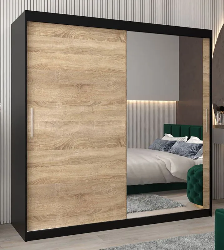200 cm breiter Kleiderschrank mit 10 Fächern und 2 Türen | Farbe: Schwarz Abbildung