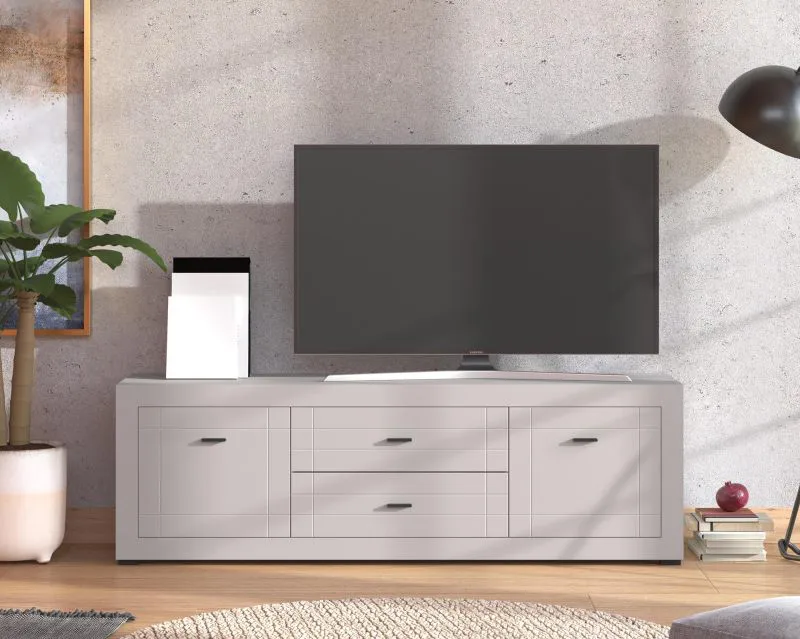 TV-Unterschrank | 2 Schubladen | Farbe: Kaschmir | ABS-Kanten | 2 Drehtüren | Maße: 166,5 x 41,5 x 53,5 cm | 2 Fächer | Metallgriffe | für Wohnzimmer