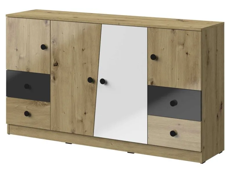 Kommode Sirte 06, Farbe: Eiche / Weiß / Schwarz Hochglanz - Abmessungen: 90 x 160 x 40 cm (H x B x T)