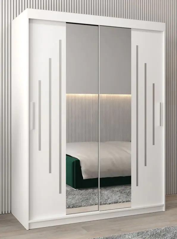 Schiebetürenschrank / Kleiderschrank mit Spiegel Tomlis 03A, Farbe: Weiß matt - Abmessungen: 200 x 150 x 62 cm (H x B x T)