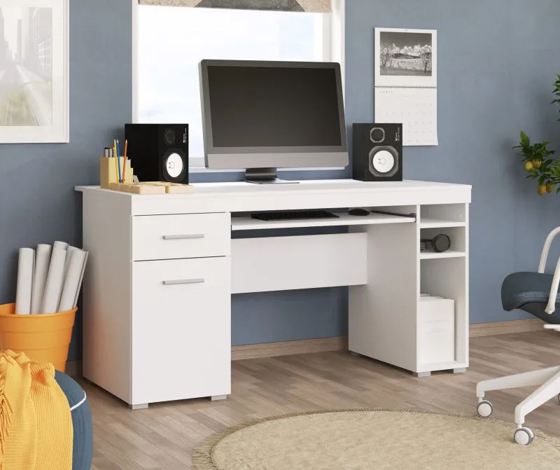 Schreibtisch mit Abstellplatz für den PC-Rechner Delare 02, Farbe: Weiß, Tastaturfach, ABS-Kanten, eine Schublade, Maße: 75,5 x 145 x 65,5 cm, vier Fächer