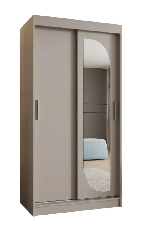 Kleiderschrank / Schiebetürenschrank Signalkuppe 04, Farbe: Kaschmir, eine Spiegeltür, 1 Meter breit, fünf Fächer, zwei Kleiderstangen