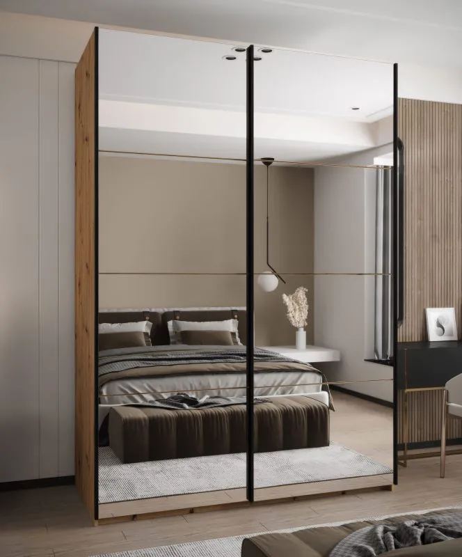 Kleiderschrank / Schiebetürenschrank | 245,5 x 180 x 64 cm | Soft-Close | Spiegel | 2 Kleiderstangen | 11 Fächer | Farbe: Eiche Artisan | 2 Schiebetüren