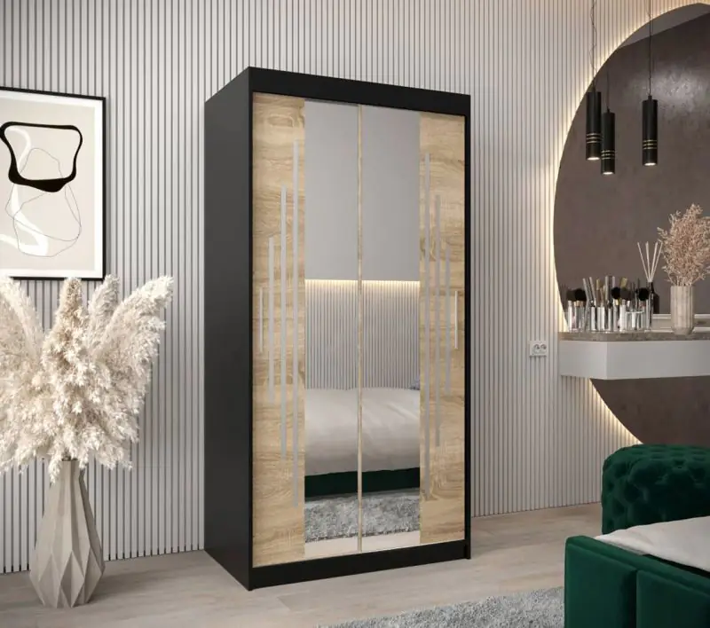 100 cm breiter Kleiderschrank mit 2 Türen | 5 Fächer | Farbe: Schwarz Abbildung