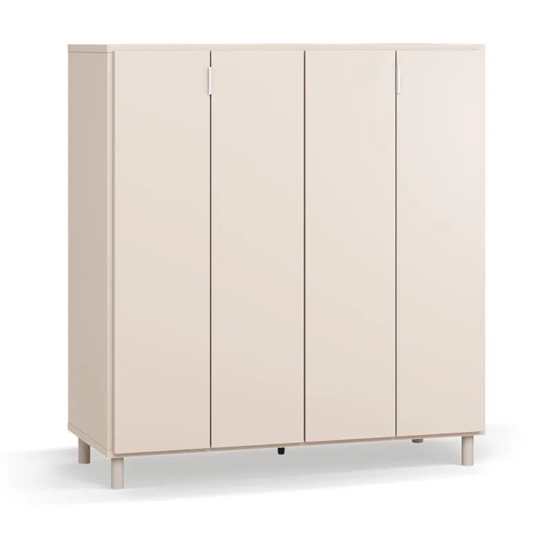 Kommode / Weinregal | Farbe: Beige | 2 Falttüren | 3 Schubladen | Soft-Close | Maße: 112 x 47 x 121 cm | inkl. LED-Beleuchtung mit Bewegungssensor