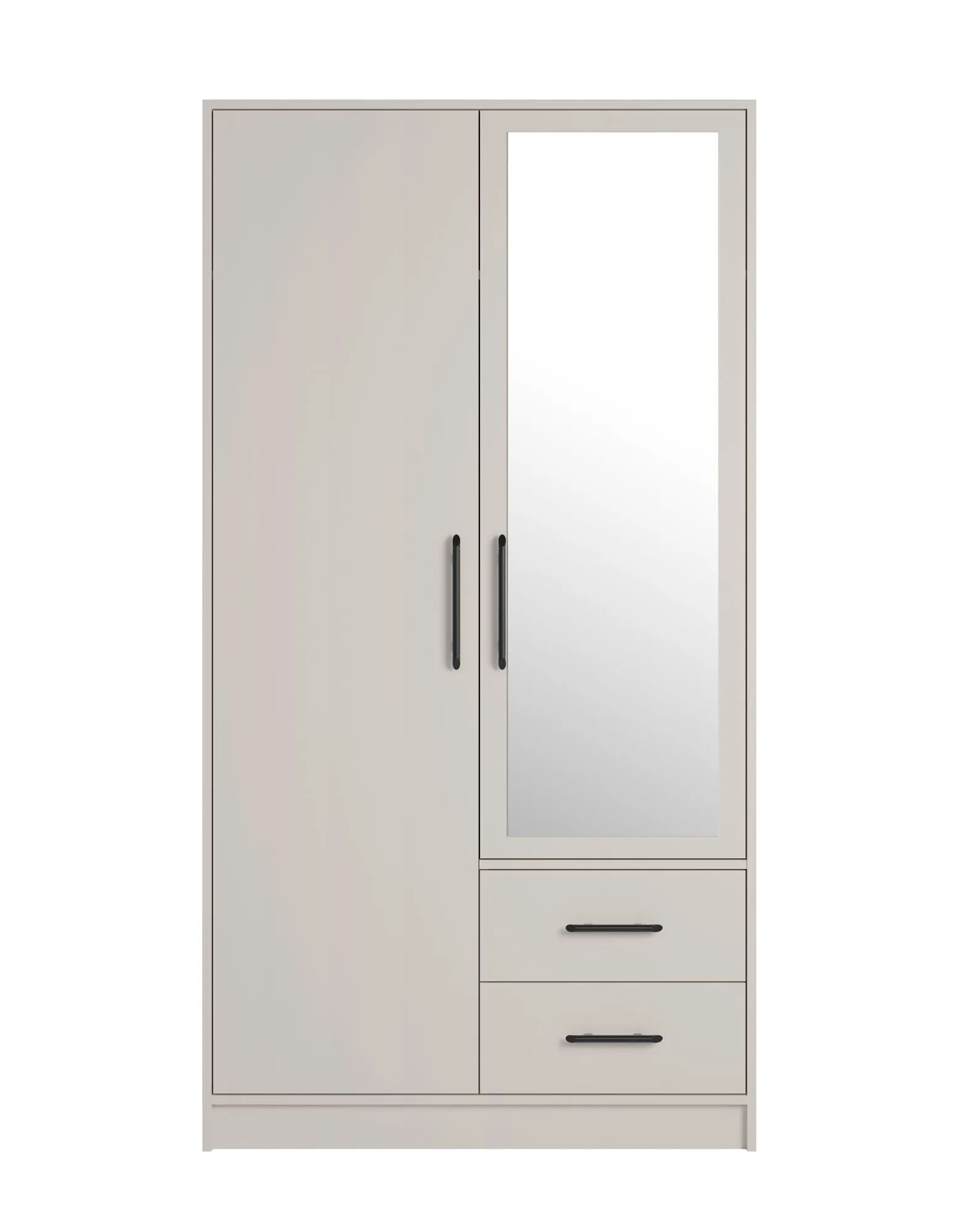 Schmaler Kleiderschrank mit Spiegel Hannut 13, Farbe: Kaschmir, zwei Türen, zwei Schubladen, eine Kleiderstange, Maße: 190 x 100 x 56 cm, ein Holzeinlegeboden