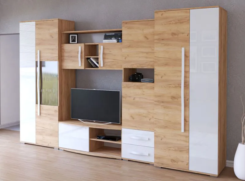 Wohnwand 3,2 Meter breit | Braun / Weiß in Hochglanz | 202 x 320 x 52 cm | 1 Türe | Mehrteilig | viel Stauraum | eckig | Aufbewahrung | Holzoptik